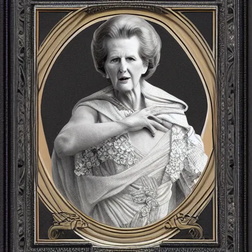 Image similar to beautiful lifelike award winning pencil illustration of margaret thatcher on a guillotine trending on art station artgerm greg rutkowski alphonse mucha museum quality cinematic atmospheric