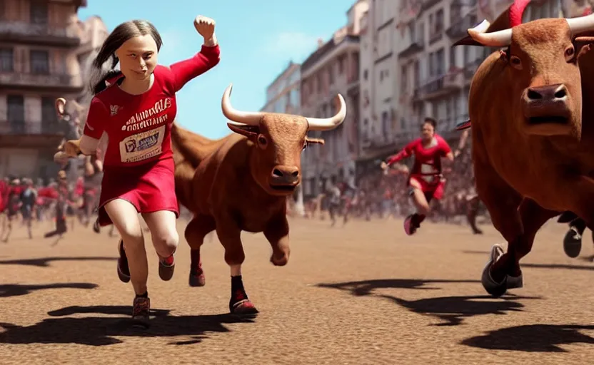 Prompt: greta thunberg running in san fermines chased by bulls, highly detailed, cinematic, 8 k resolution, beautiful detailed, octane render, unreal engine