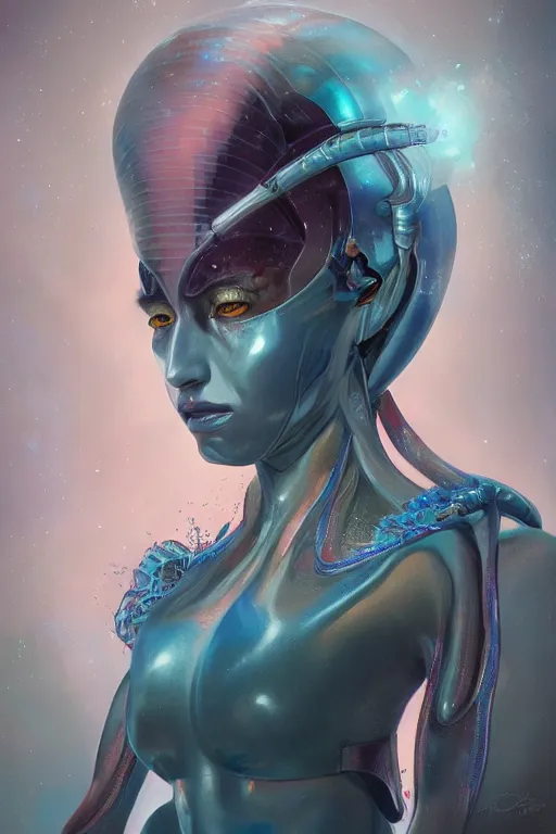 Image similar to digital portrait of an elegant alien queen, straight on, full body character concept art, concept art, by artgerm, tom bagshaw, gerald brom, vaporwave colors, lo fi colors, vaporwave, lo fi, 4 k, hd, rendered with substance designer, small details,