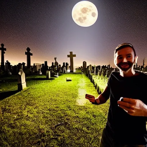 Image similar to A man takes a selfie in a dark and spooky graveyard, the only light coming from the full moon, as he smiles for the camera, in a Halloween style.