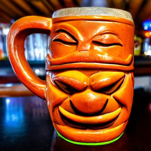 Prompt: a closeup photorealistic photograph of an orange garfield style tiki mug at a trader vic's bar with garfield's face on the front. tiki party. bright scene. fine detail. this 4 k hd image is trending on artstation, featured on behance, well - rendered, extra crisp, features intricate detail, epic composition and the style of unreal engine.