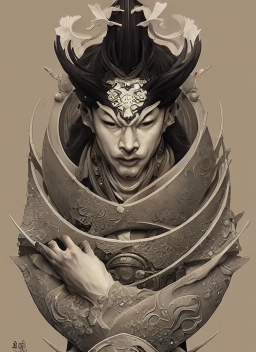 Image similar to subsurface scattering, white, koi, samurai deity with koi armor, art nouveau swirls, cinematic lighting, octane render, by jesper ejsing, james jean, justin gerard, tomasz alen kopera, cgsociety and fenghua zhong, highly detailed, rim light, art, very coherent, cinematic, hyper realism, high detail, 8 k