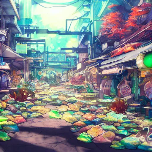 Prompt: painted anime background of an underwater slums shopping district built from various coral seashells and being reclaimed by nature, seaweed, light diffraction, litter, steampunk, cyberpunk, caustics, anime, vhs distortion, inspired by splatoon by nintendo, art created by miyazaki