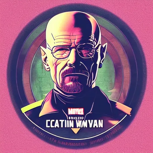 Prompt: Synthwave digital art of Walter White eating Captain America themed cake