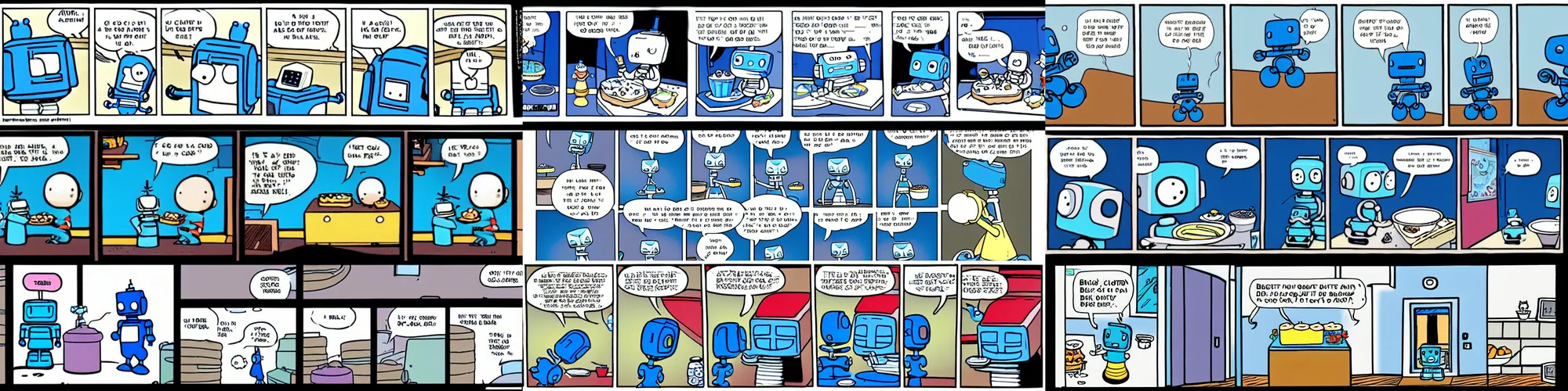 Prompt: short cartoon strip, blue cute robot bakes a cake, by bill watterson