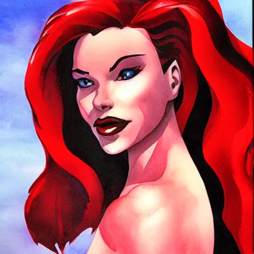 Image similar to black and red watercolor painting of little mermaid from disney by alex ross