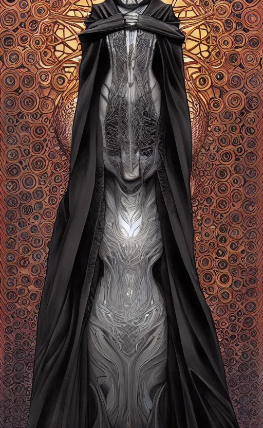 Image similar to Faceless creature wearing a black robe, it's face has been replaced by a fractal singularity of shifting patterns. fantasy, highly detailed, digital painting, artstation, concept art, smooth, sharp focus, illustration, art by artgerm and greg rutkowski and alphonse mucha