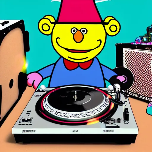 Image similar to svg sticker of a Pop-Wonder Bert&Ernie, Sesame-Street, at a rave, spinning records, giant headphones rocking out, wearing headphones, huge speakers, dancing, rave, DJ, spinning records, digital art, amazing composition, rule-of-thirds, award-winning, trending on artstation, featured on deviantart