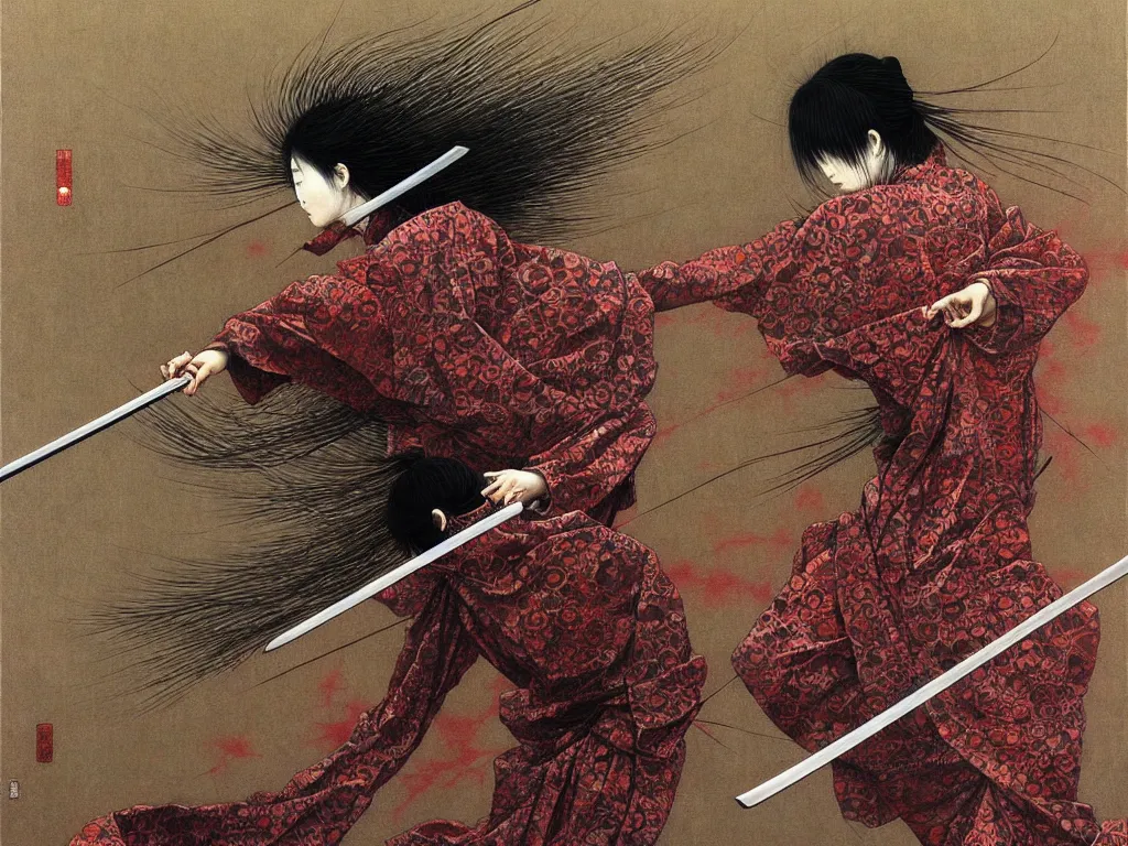 Prompt: Japanese schoolgirl runs away from Samurai with a katana on the subway, high detailed Beksinski painting, part by Adrian Ghenie and Gerhard Richter. art by Takato Yamamoto. masterpiece