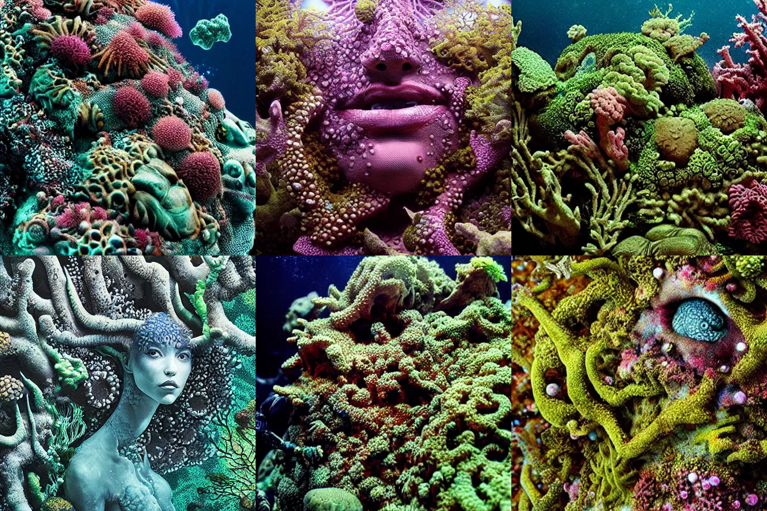 Prompt: a beautiful closeup of intricate alien coral reef and alien moss, underwater photography, hyperdetailed, by Dan Hillier