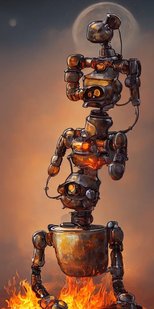 Prompt: close portrait of lonely robot burning a fire burns a fire to fry a sausage the backdrop of desert at the night for stories, highly detailed, highly intricate, digital art, fantasy, by artgerm