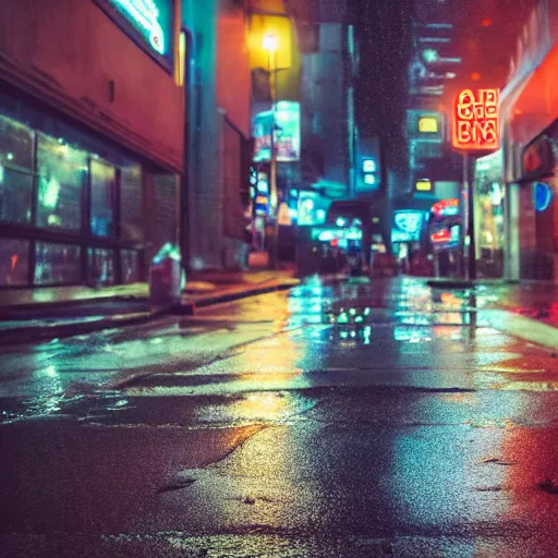 Image similar to a high quality low wide angle photo of an Emden goose on the streets of a cyberpunk city, rainy, reflective ground, neon lights, realism, 8k