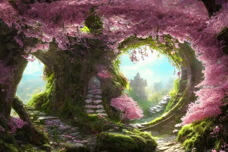 Prompt: a gateway to fairyland, hills, toadstools, ruins, deep forest, liminal space, sakura blossom. intricate details, epic scale, hyperrealism, artstation, cgsociety, 8 k, sharp focus