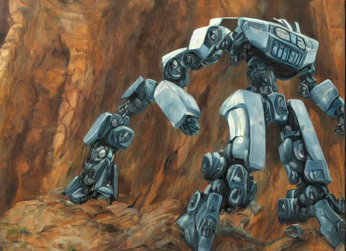 Image similar to A giant mecha robot in a cave, oil on canvas