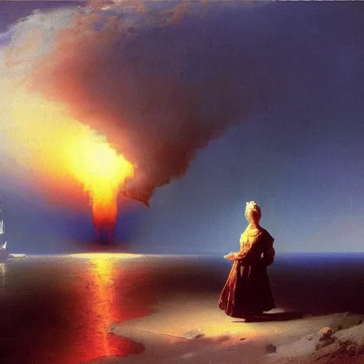 Prompt: beautiful woman looking at giant nuclear explosion, epic, artwork by Aivazovsky, Ivan