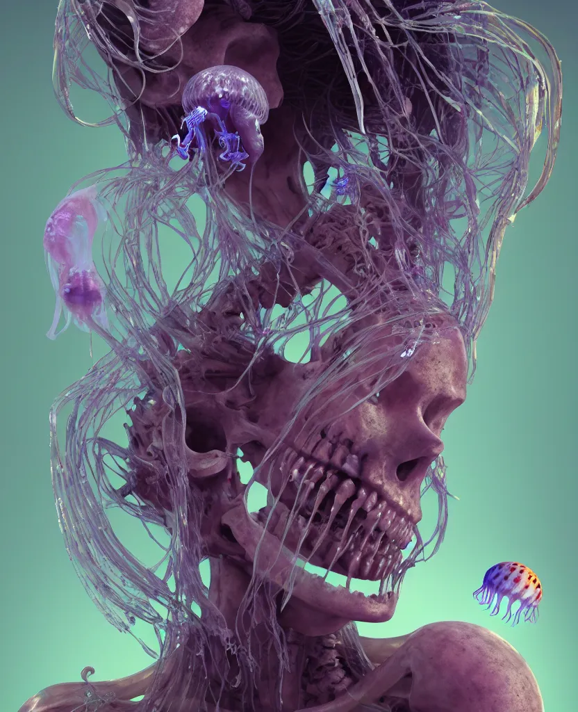 Image similar to goddess close-up portrait human skeleton, ram skull, jellyfish, orchid, betta fish, bioluminiscent, intricate artwork by Tooth Wu and wlop and beeple. octane render, trending on artstation, greg rutkowski very coherent symmetrical artwork. cinematic, hyper realism, high detail, octane render, 8k