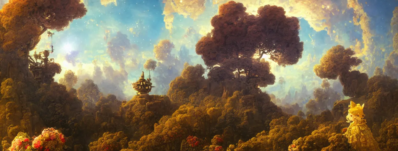 Prompt: a beautiful landscape painting of steampunk landscape, a junk nebula in the sky, galaxies visible, giant trees and colourful flowers, a tiny girl looking on with her talking cat, by jean - honore fragonard and don bluth and makoto shinkai, light rays, trending on artstation, octane render