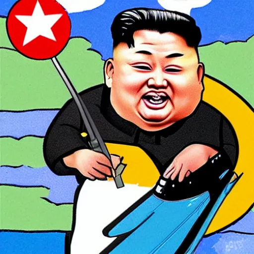 Prompt: caricature of kim jong un riding a missile, colorful