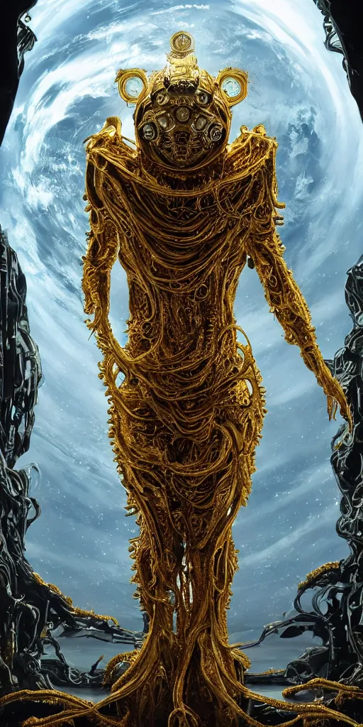 Prompt: a photo of 8k ultra realistic corrupted lovecraftian golden humanoid queen standing next to a spaceship window overlooking earth, 8 intricate white and gold tentacles, ornate white and gold armour, HR Giger and Vincent Di Fate, cinematic lighting, trending on artstation, 4k, hyperrealistic, focused, extreme details, unreal engine 5, cinematic, masterpiece