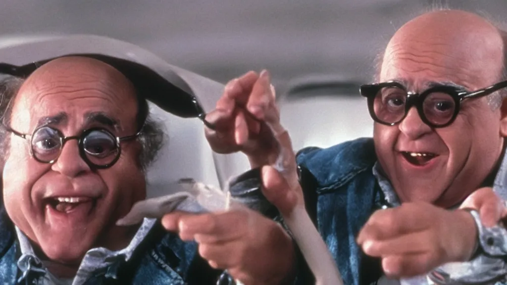 Prompt: A still of Danny Devito in Back to the Future, 8k