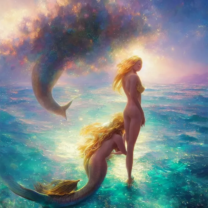 Prompt: glimmering mermaid relaxing beach, dolphins, golden hour, god rays, coral reef, dreamscape by artgerm and ruan jia and ismail inceoglu and greg olsen, cosmos, milky way galaxy, masterpiece, beautiful, intricate, elegant, highly detailed