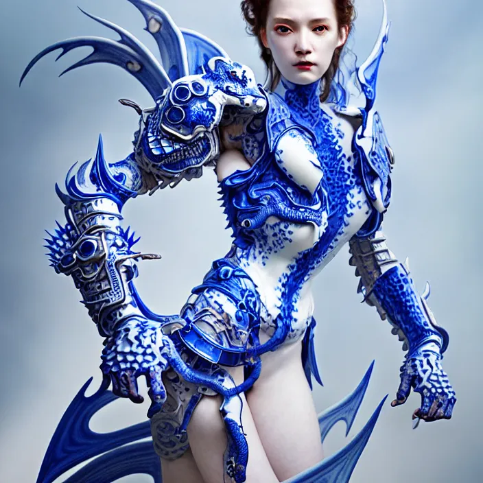 Image similar to porcelain cyborg armor, Chinese Kangxi Blue and white dragon pattern porcelain, diffuse lighting, fantasy, intricate, elegant, highly detailed, lifelike, photorealistic, digital painting, artstation, illustration, concept art, smooth, sharp focus, art by John Collier and Albert Aublet and Krenz Cushart and Artem Demura and Alphonse Mucha