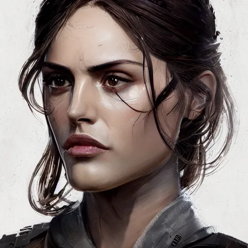 Image similar to portrait of a woman by greg rutkowski, eiza gonzalez as a weyland - yutani mercenary, from aliens franchise, she is about 3 0 years old, military composure, wearing white and black colored tactical gear, highly detailed portrait, digital painting, artstation, concept art, smooth, sharp foccus ilustration, artstation hq