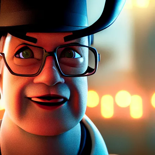 Image similar to closeup portrait of bookmaker sly cunning pixar style animation 3d extremely gloomy lighting, shining light and shadow, atmospheric, cinematic, unreal Engine, 8K