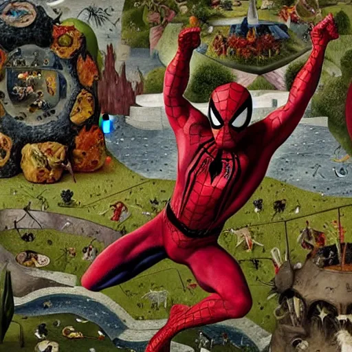 Prompt: spider - man in the garden of earthly delights by bosch.