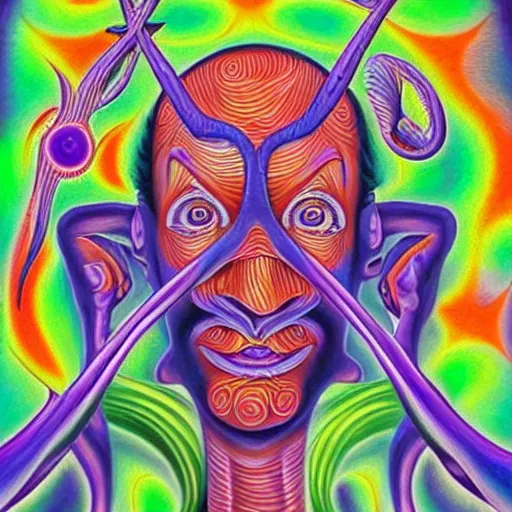 Image similar to waluigi becomes a fractal, painted by alex grey. psychedelic visionary art