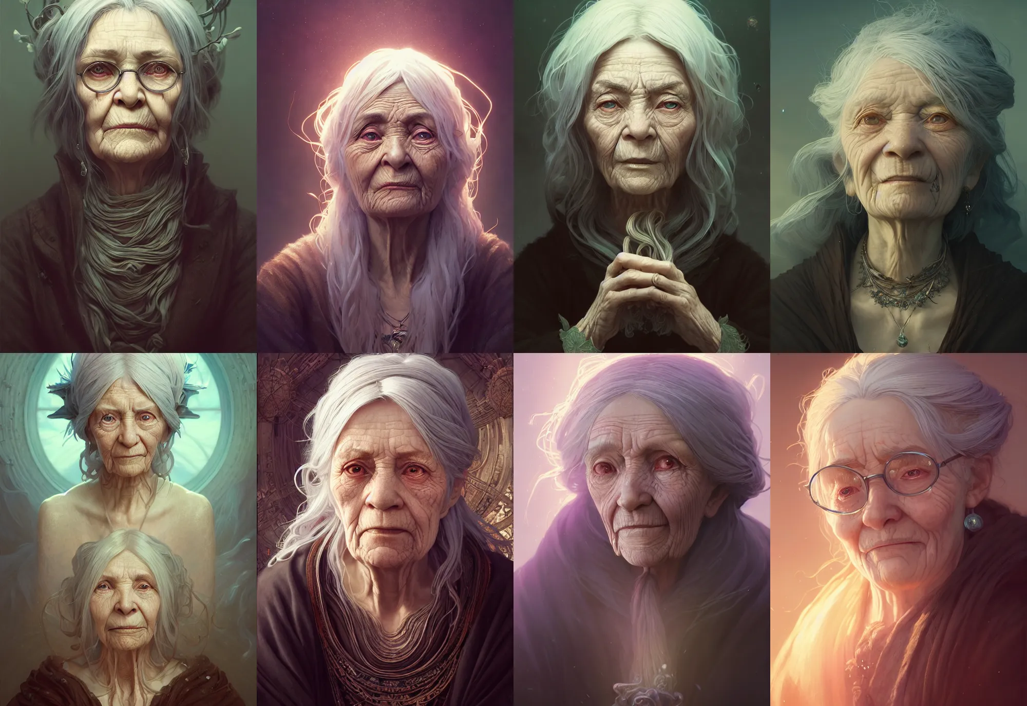 Prompt: highly detailed portrait of a very old woman with long hairs, unreal engine, fantasy art by greg rutkowski, makoto shinkai and lois van baarle, ilya kuvshinov, rossdraws, tom bagshaw, alphonse mucha, global illumination, radiant light, detailed and intricate environment