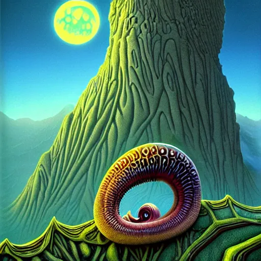 Prompt: highly detailed fantasy art of an alien cephalopod creature in a surreal landscape filled with mountains and mist, diffuse lighting by roger dean, kilian eng, mœbius
