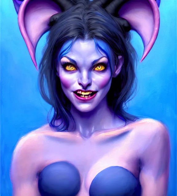 Prompt: beautiful female tiefling with blue skin smiling wearing pale purple halter top, perfect face, dark blue hair, with abs, cinematic, blush, stunning, elegant, highly detailed, psychedelic, digital painting, artstation, smooth, hard focus, illustration, art by jessica rossier and and brian froud