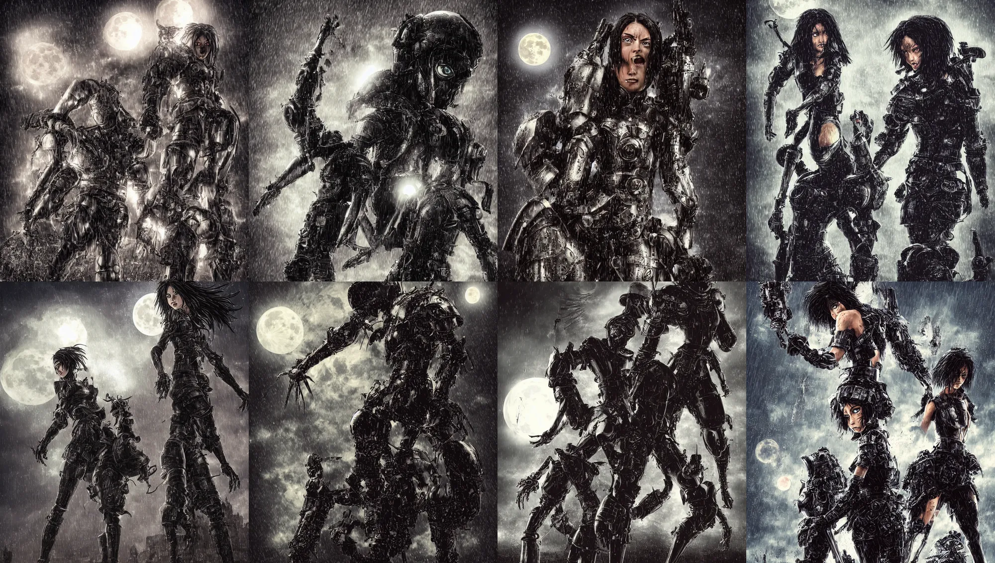 Prompt: angry anthropomorphic pete, wearing rain soaked armour in heavy rain, incredibly fine detailed portrait, battle angel alita, dynamic angle, elegant, full body profile, 2 0 0 mm focal length, highly detailed, dramatic full moon lighting, many fireflies, gothic castle prodominently in the background, movie cover