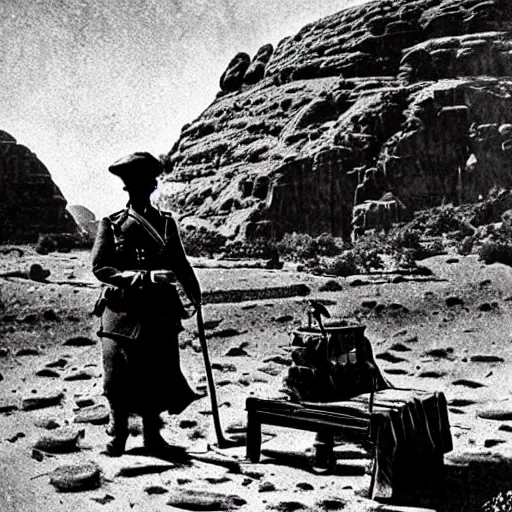 Image similar to ultra detailed photorealistic sepia - toned photograph from 1 9 1 7, a british officer in field gear standing at an archaeological dig site in wadi rum, ultra realistic, painted, intricate details, lovecraft, atmospheric, dark, horror, brooding, highly detailed, by angus mcbride