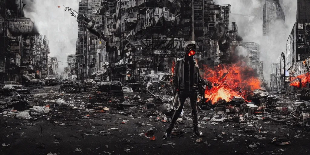 Image similar to post apocalyptic city, revolutionary punk masked up punk, fire, damaged, trash, medium shot, by liam wong