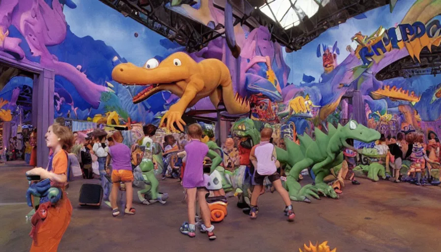 Image similar to 1990s photo of inside the Rugrats show ride at Universal Studios in Orlando, Florida, children riding in baby walkers battling Reptar a large dinsaur, shooting lazers, explosions, cinematic, UHD