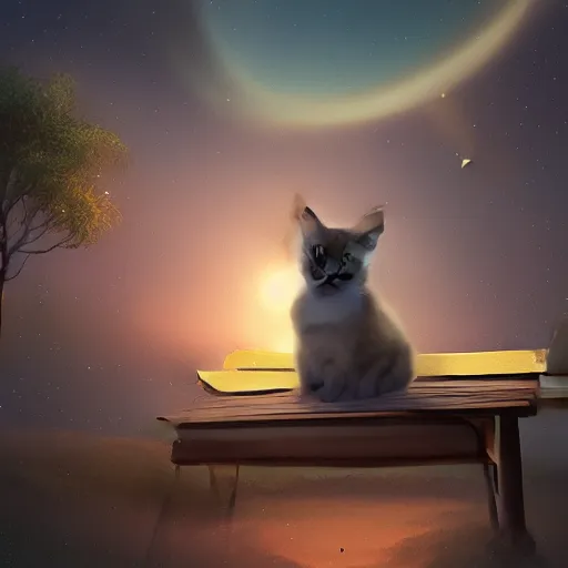 Image similar to rendering of cat sitting on a bench watching a black hole in the sky, highly detailed, digital painting, artstation, concept art, sharp focus, illustration, octane render, award winning