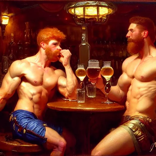 Image similar to attractive muscular mike with ginger hair with muscular attractive tyler with brunet hair, drinking their hearts out, in a pub. very defined and highly detailed painting by gaston bussiere, j. c. leyendecker, craig mullins 8 k