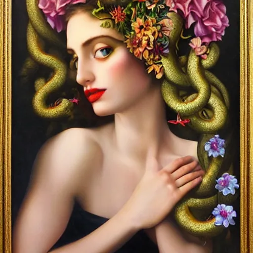 Image similar to dynamic composition, a painting of woman with hair of summer flowers and vines wearing ornate earrings,, ornate gilded details, a surrealist painting by tom bagshaw and jacek yerga and tamara de lempicka and jesse king, featured on cgsociety, pop surrealism, surrealist, dramatic lighting, wiccan, pre - raphaelite