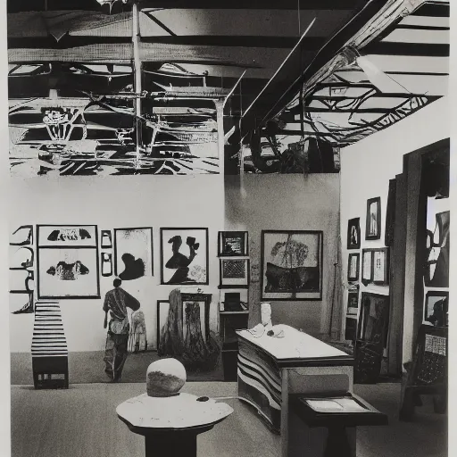 Image similar to A black and white screen print of gallery exhibition view from the 60s, anthropology, colonial, wild, exotic, artifacts, pedestal, ethnography, screen printing