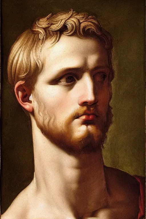 Image similar to renaissance painting of man, short blonde hair, thoughtful face, emotions closeup, dressed in roman armour, the beautiful garden with olive leaves, ultra detailed, art by Guido Reni style, Vincenzo Catena style