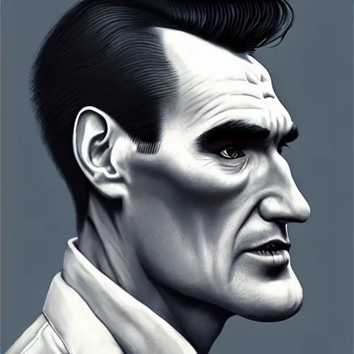 Image similar to portrait of a slim and handsome morrissey as a zombie with a large quiff and thick eyebrows, 7 days to die zombie, fine art, award winning, intricate, elegant, sharp focus, cinematic lighting, digital painting, 8 k concept art, art by z. w. gu, art by brom, art by michael hussar, 8 k