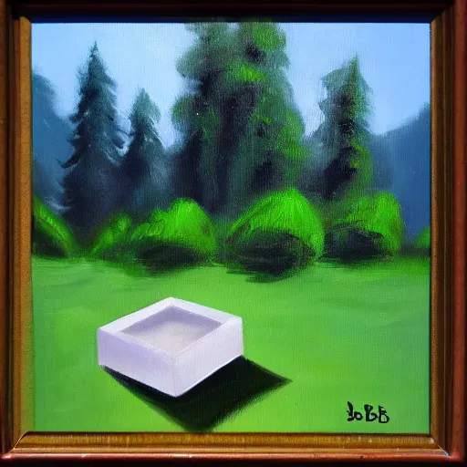 Image similar to oil painting of a blender default cube sitting in the middle of a forest clearing, bob ross