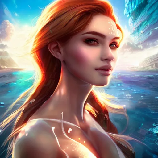 Prompt: beautiful auburn princess portrait, double exposure underwater city, sunrise, by artgerm, ross tran, photorealism, deviantart