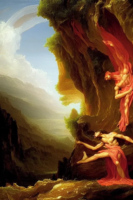 Image similar to the great door of hell, intrincate details, flesh and blood, painted by thomas cole