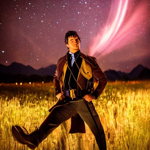 Image similar to Jason Rose as General Ironwood from RWBY, vintage, back to the camera, looking up, night sky