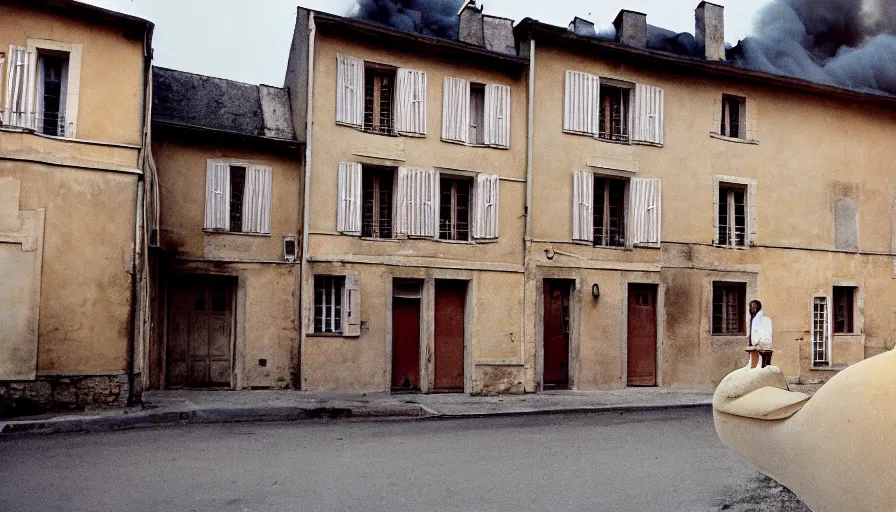 Prompt: 1 9 6 0 s movie still of a burning french style townhouse in a small french village, cinestill 8 0 0 t 3 5 mm technicolor, high quality, heavy grain, high detail, dramatic light, ultra wide lens, panoramic, anamorphic, flares