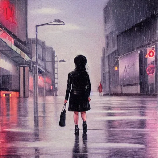 Image similar to girl in leather jacket walking down rainy city street at night, Kiyohiko Azuma