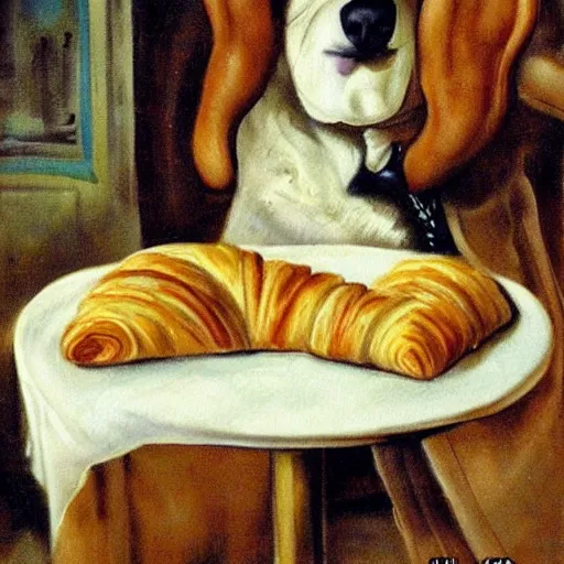 Prompt: dog eating croissants in paris, painted by dali